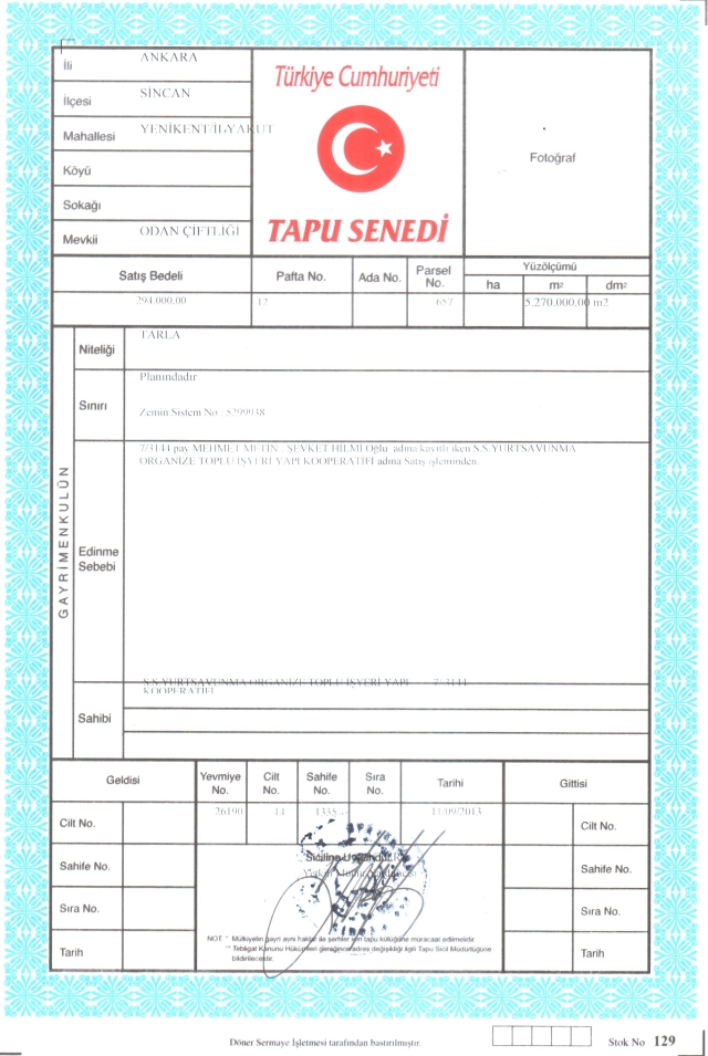 S.S.Yurtsavunma Organize Toplu İşyeri Yapı Kooperatifi - Tapu2