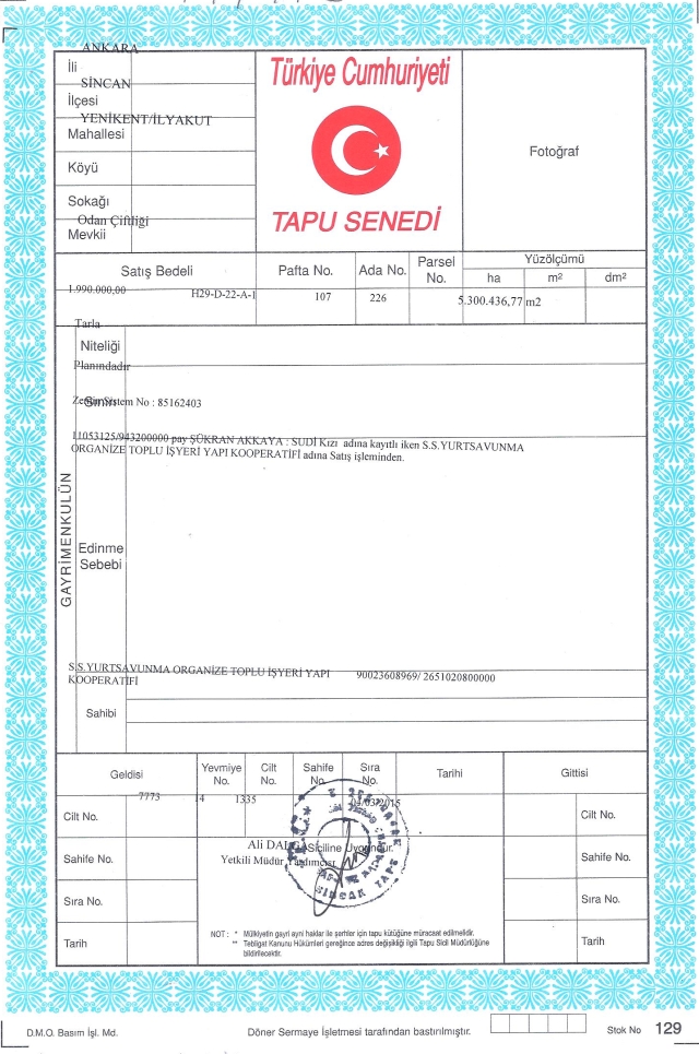 S.S.Yurtsavunma Organize Toplu İşyeri Yapı Kooperatifi - Tapu Mart 1 2015